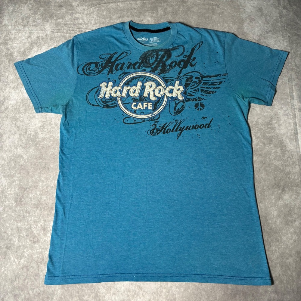 Y2K Hard Rock Cafe Hollywood Mens Large Teal Blue Graphic T-Shirt Patch Logo
